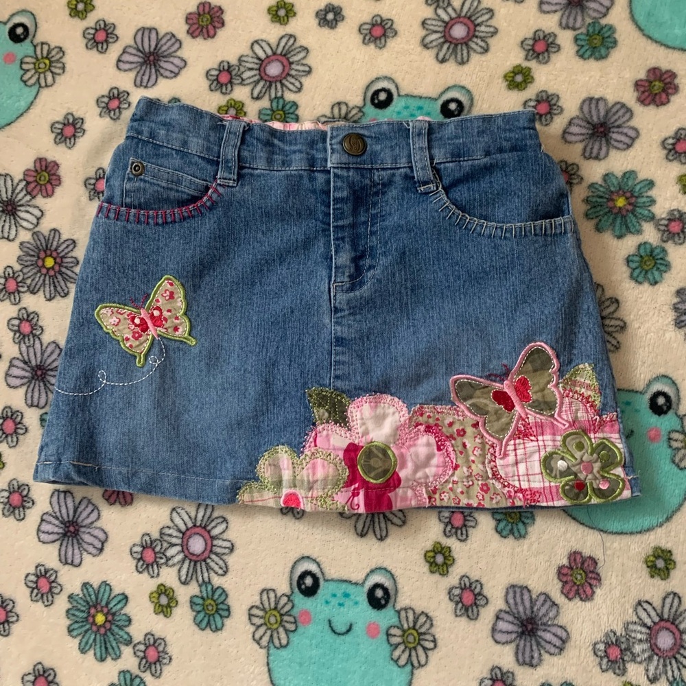 Vintage Faded Glory Denim Skort with Floral and Butterfly Embroidery 5t